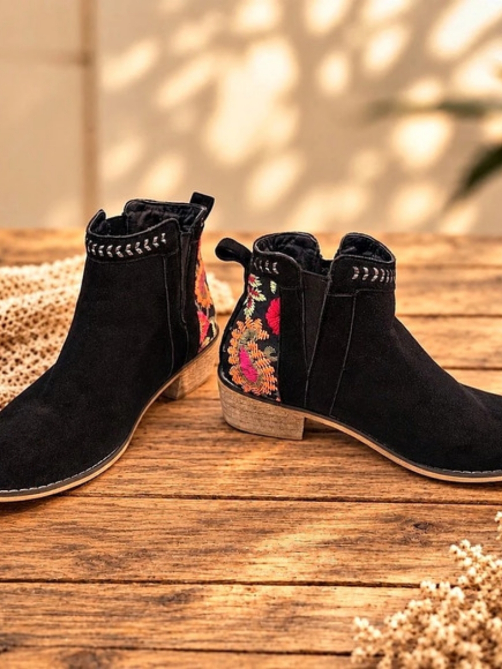 Floral Embroidered Ankle Boots in Black & Multicolor LikeNew